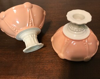 Light the Way!  Vintage Anchor Hocking Vitrock Glass 2 pc. Pink/White Oyster & Pearl Milk Glass Candleholders