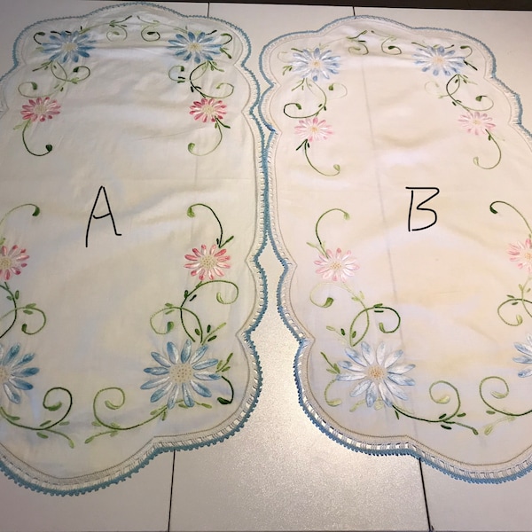 Two of a Kind! 2 Each Vintage Hand Embroidered Cotton Table Runners w/Blue Scalloped Crochet  Edge-  18” x 33”