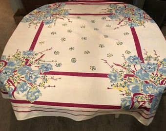 Mid Century Cotton Tablecloth -Maroon Borders Blue Tulip Design- 46” x 52”