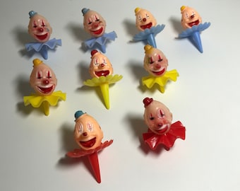 Be a Clown!  Vintage Plastic Clown Cupcake Decorations, Red, Blue, Yellow