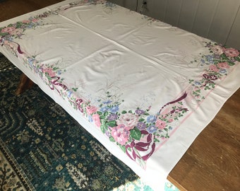 Spring Bouquet! Vintage Cotton Rectangle Tablecloth 51” x 60” Spring Bouquet with border design