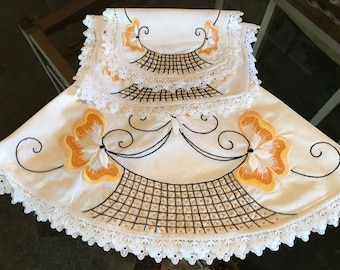 Three’s Company! Vintage 3 pc Hand Embroidered Tablecloth & Doilies, Scarfs