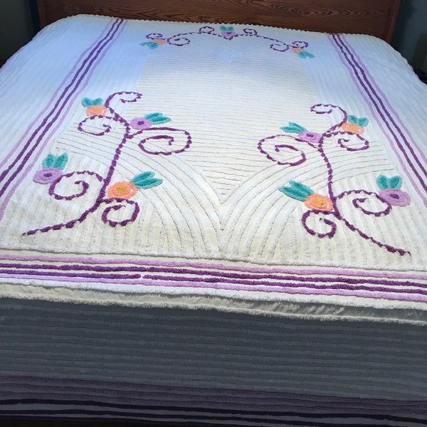Covered in Comfy! Vintage Queen Chenille Bedspread- Purple Vines- 88” x 106”