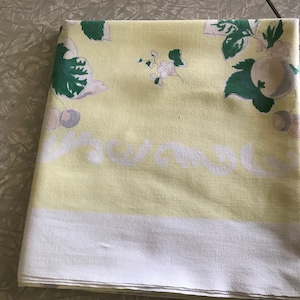 Lemoncello Love! Vintage Cotton Square Tablecloth - Pale Lemon w/Fruit design- 50”x 52”