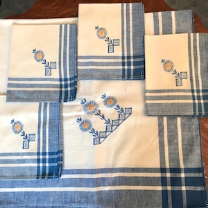 Ik heb de blues! Vintage katoenen kaartentafel met 4 servetten, blauw ontwerp, klein tafelkleed, theekransje (33 x 36 inch)