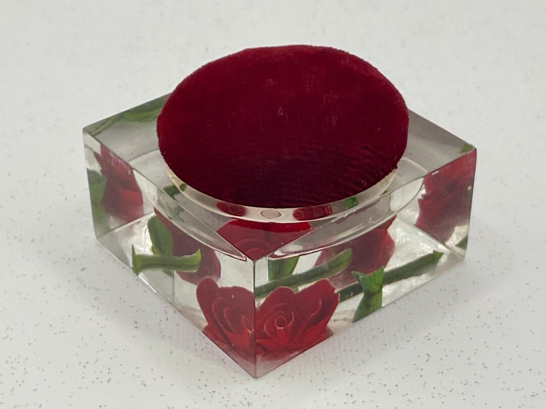 Pinned by a Rose! Mid Century Era Acrylic W/roses Red Corduroy Sewing ...