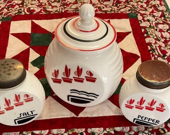 Antique 1940s 3 pc. Anchor Hocking Vitrock Red & Black Grease Jar with Lid w/Salt Pepper Shakers,  Collectible Glass