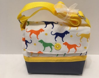 C1126 - Wee Bag: wonderful multi coloured dog pattern on a white background shoulder purse with adjustable handle