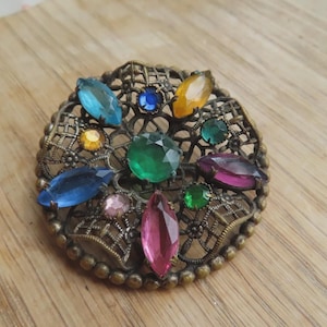 Antique Original Art Deco Czech Original Coloured Paste Crystal Encrusted Brooch