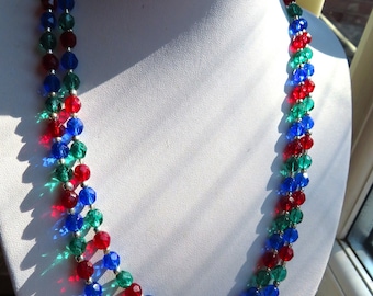 Vintage Red, Blue & Green Faceted Glass bead double stand Necklace - Magical