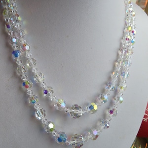 1950s Vintage Aurora Borealis Glass bead 2 strand Necklace with diamante flower box fastener