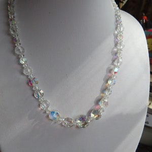 1950's Aurora Borealis Rainbow coated glass faceted single strand necklace magnetic fastener