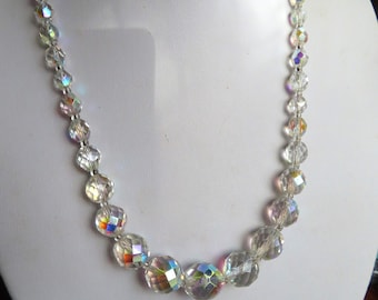 Vintage 1950s Aurora Borealis Faceted Glass Bead Necklace