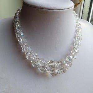 1950s Vintage Aurora Borealis Glass bead 2 strand Choker Necklace with diamante flower box fastener