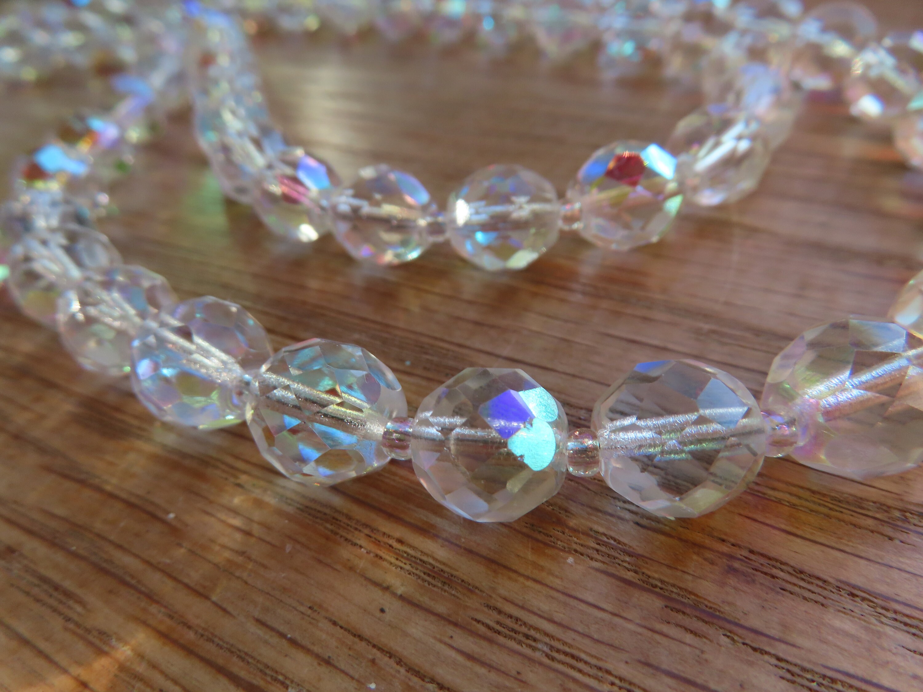 Collier Vintage Années 50/60 - 2 Rangs Perles Murano Effet Aurore Boréale, En Verre Et Cuivre