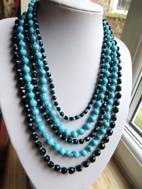 Vintage 1950's  5 strand Blue & Black Glass bead … - image 1