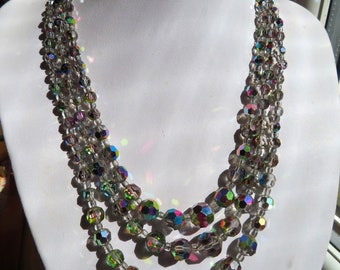 Collier 3 brins aurore boréale des années 1950 mystique gris argent arc-en-ciel de perles de verre