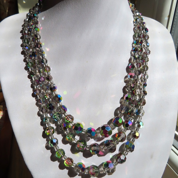 1950's 3 Strand Aurora Borealis Mystical Grey Silver Rainbow glass bead Necklace