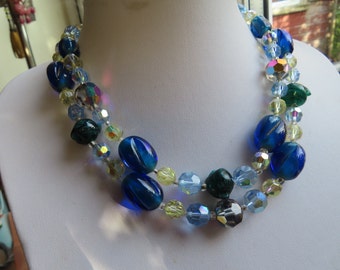 1950&#39;s Aurora Borealis & Art Glass Bead 2 strand Necklace - wow