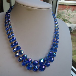 Vintage Blue Aurora Borealis Glass Bead Double Strand Necklace