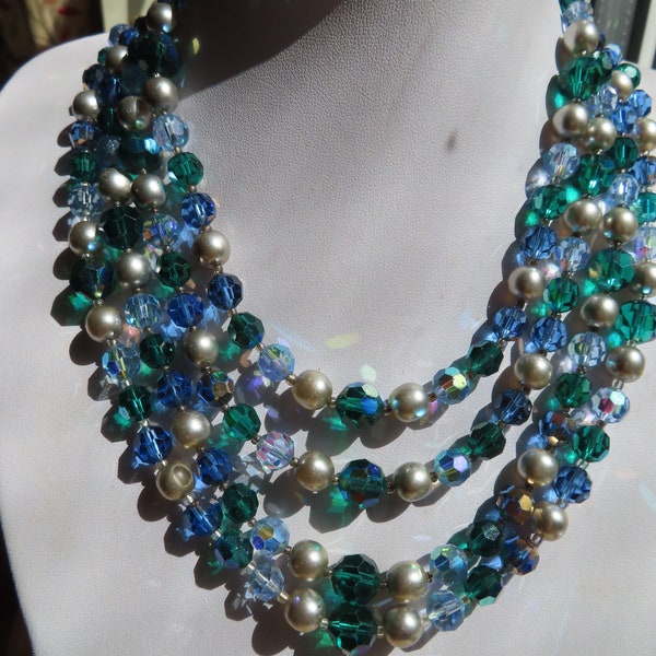 1950's Magical Blue & Green Aurora Borealis 4 Strand necklace - Stunning