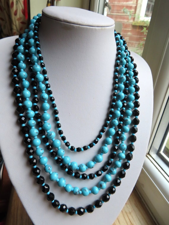 Vintage 1950's  5 strand Blue & Black Glass bead … - image 3