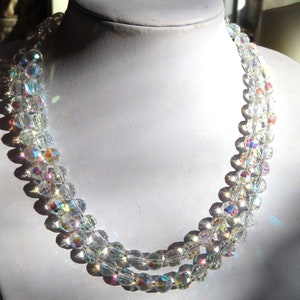 1950s Vintage Aurora Borealis Glass 2 strand necklace with diamante press fastener