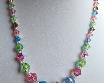 Vintage 1950&#39;s Aurora Borealis Fairy Rainbow Coloured Glass Bicone Bead Necklace