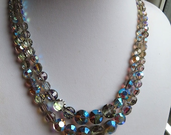 1950's Exquisite Double Strand Mystical Grey Silver coated Aurora Borealis glass bead necklace - Magicalt