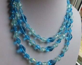 1950's Three Strand Blue Glass Bead Necklace - Pretty