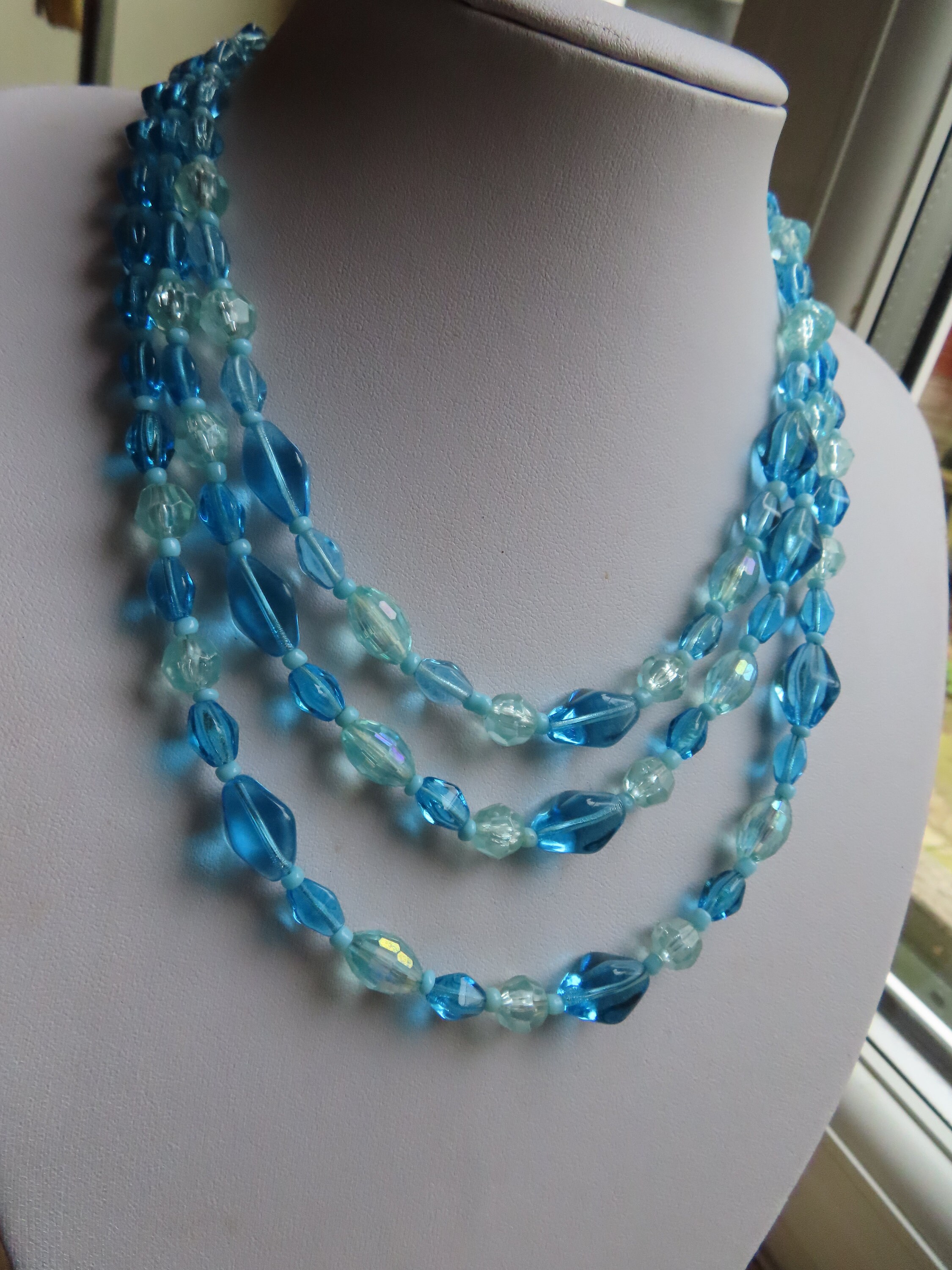 1950's Three Strand Blue Glass Bead Necklace - Pretty