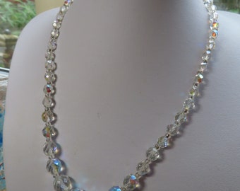 1950's Single Strand Aurora Borealis faceted glass bead necklace - pretty