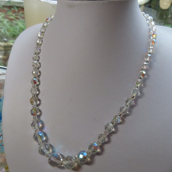 1950's Single Strand Aurora Borealis faceted glass bead necklace - pretty