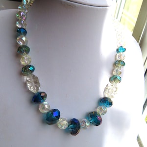 Vintage Blue  & Clear Aurora Borealis Glass Bead Necklace