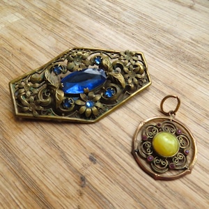 Antique Original Art Deco Czech Original Coloured Paste Crystal Brooch & Pendant