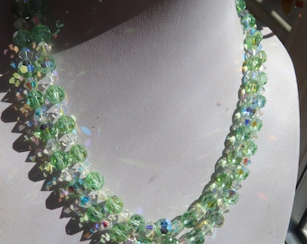 Vintage 1950's Green Aurora Borealis Necklace  Double Strand