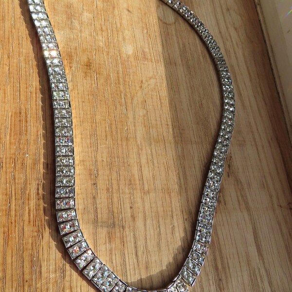 1940's Long Paste Rhinestone Silver tone metal Necklace - Elegant