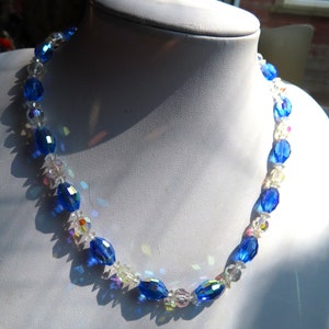 Vintage Blue & Clear Aurora Borealis Glass Bead Necklace