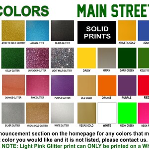 May include: A chart displaying available print colours for glitter and solid prints. The chart includes colours such as athletic gold, aqua, black, confetti, emerald, kelly, lavender, light pink, navy, orange, pink, purple, red, royal, teal, vegas gold, white, neon green, and neon pink. The chart also includes the text "Choose any print colour for each item."