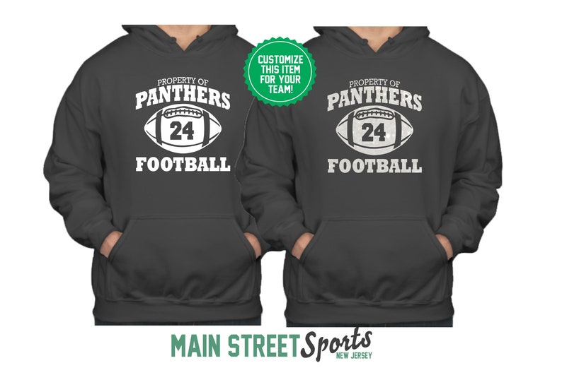 May include: Two charcoal grey hooded sweatshirts with white text and a white football graphic. The text reads "Property of Panthers 24 Football".