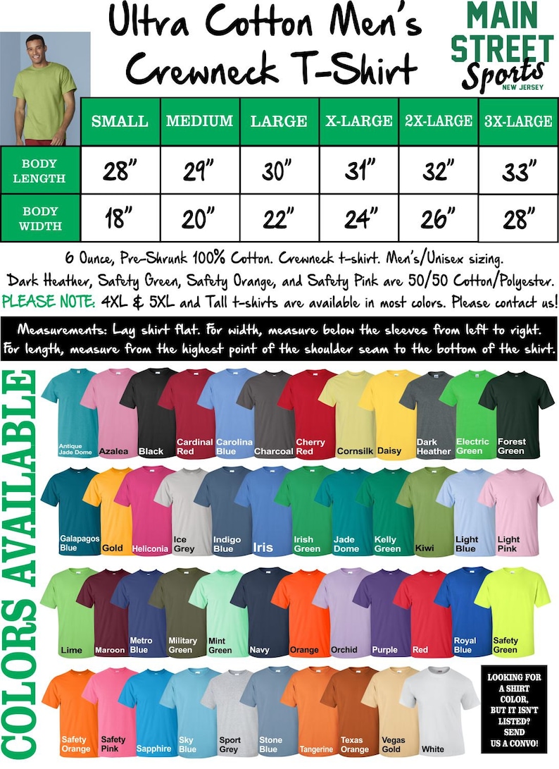 Op de afbeelding: Een maattabel voor een heren crewneck t-shirt van ultra katoen. De tabel toont de lichaamslengte en -breedte in inches voor maten small tot 3X-large. De tabel bevat ook een lijst met beschikbare kleuren voor het t-shirt.