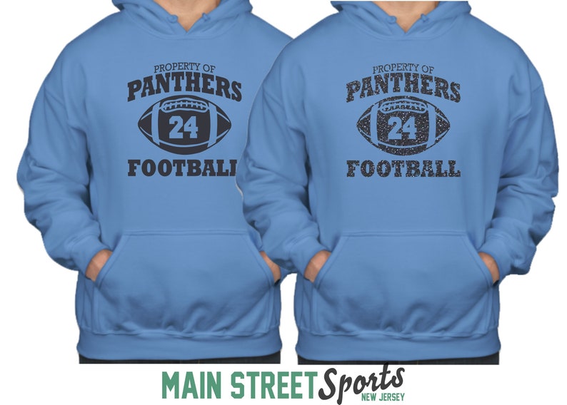 May include: Two blue hooded sweatshirts with the text "Property of Panthers Football" and a football with the number 24 on it.
