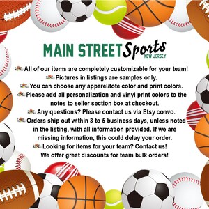 May include: Main Street Sports, a New Jersey-based company, offers customisable apparel and tote bags for teams. The image features a variety of sports balls, including baseballs, basketballs, footballs and soccer balls, surrounding the company's logo and text.