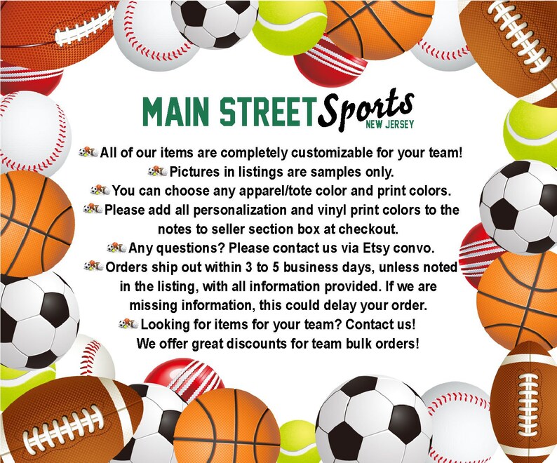 May include: Main Street Sports, a New Jersey-based company, offers customisable apparel and tote bags for teams. The image features a variety of sports balls, including baseballs, basketballs, footballs and soccer balls, surrounding the company's logo and text.