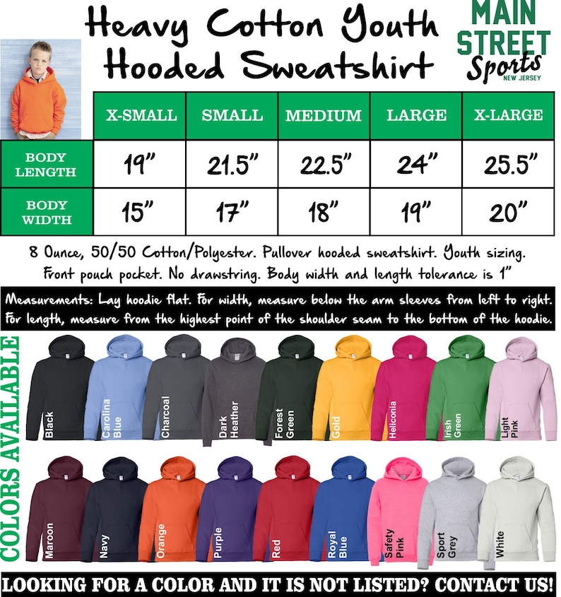 May include: A size chart for a youth hooded sweatshirt made of 50/50 cotton and polyester. The chart shows the body length and width in inches for sizes X-Small to X-Large. The sweatshirt has a front pouch pocket and no drawstring. The colours available are shown in a row of 16 hooded sweatshirts.