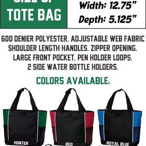 Puede incluir: Bolso tote negro con cremallera y m&uacute;ltiples opciones de color: Hunter (verde), Rojo, Azul Real, Stone y Rosa Tropical. Incluye asas ajustables, un bolsillo frontal grande y presillas para bol&iacute;grafos. Dimensiones: 37,8 cm de alto, 32,4 cm de ancho y 13 cm de profundidad.