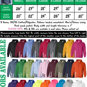 May include: Heavy cotton men's hooded sweatshirt in various colours. Size chart shows measurements in inches for body length and width. Sizes range from small to 3X-large.  8 ounce, 50/50 cotton/polyester.  Pullover hooded sweatshirt with front pouch pocket.  4XL and 5XL are available in most colours. Please contact us!