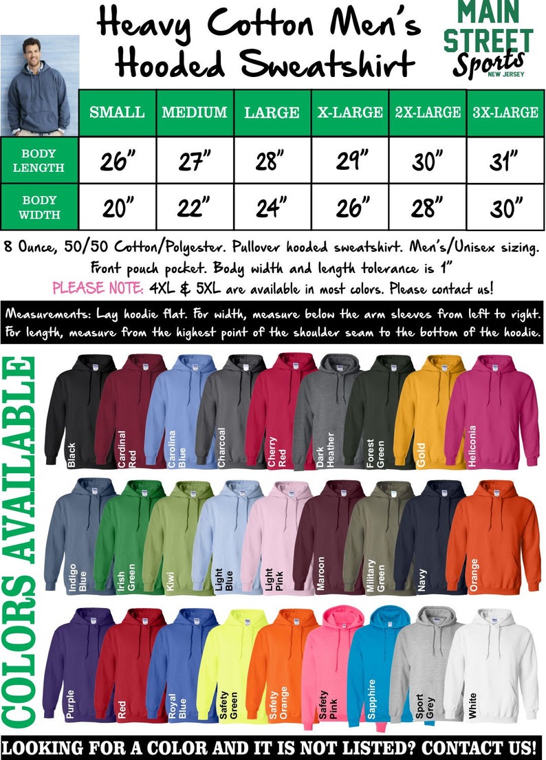 May include: Heavy cotton men's hooded sweatshirt in various colours. Size chart shows measurements in inches for body length and width. Sizes range from small to 3X-large.  8 ounce, 50/50 cotton/polyester.  Pullover hooded sweatshirt with front pouch pocket.  4XL and 5XL are available in most colours. Please contact us!
