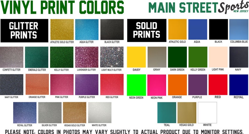 Puede incluir: Una carta de colores para opciones de impresi&oacute;n en vinilo, que incluye colores con purpurina y s&oacute;lidos. La carta muestra una variedad de tonos, como oro, azul, negro, verde, rosa, morado, rojo y m&aacute;s. El texto "VINYL PRINT COLORS" y "MAIN STREET Sports" son visibles.