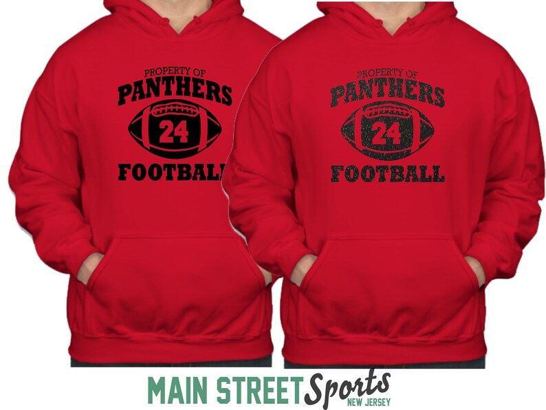 May include: Red hooded sweatshirt with black text that reads "Property of Panthers Football" and a black and white football graphic with the number 24.